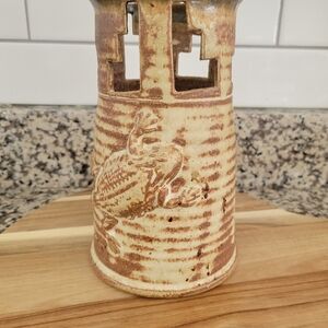 Studio Pottery Vase, 3D Relief Frog On Tower, Southwest Theme
